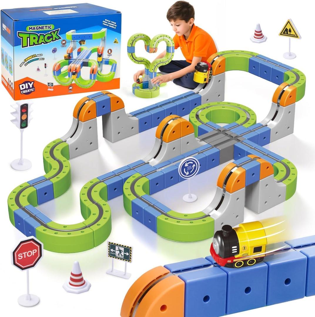 101PCS Magnetic Train Set with Electric Train, Track Fusion Train STEM Learning Race Track with Traffic Signs & Magnetic for Boys Girls Ages 5-14, Kids Toys, Birthday Gifts(Large), Valentine Gift