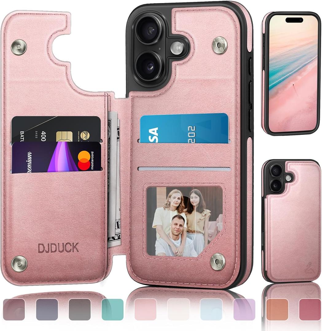 DJDUCK Designed for iPhone 16 Case Wallet with Card Holder, [Magnetic Clasp Cover] [RFID Blocking Leather Protection] Shockproof Women Men Cases 6.1 Inch for Apple 16 Rose Gold