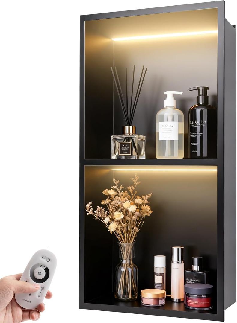 WICHEMI Shower Niche No Tile Needed for Bathroom Storage, Shower Niche LED Lights Waterproof Recessed Wall Niche 12" X 24" Double Shelves 304 Stainless Steel Bathroom Niche for Shower Wall