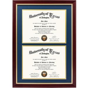 GMFrames Double Diploma Frame for Two 8.5x11 Certificates with Navy over Gold Mat, Solid Wood, UV Protection Acrylic, Cherry Finish with Gold Trim, 14x20 for Double 8.5x11