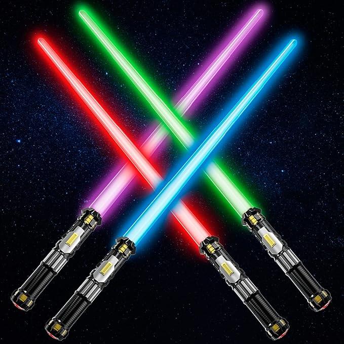 4 Pack Light up Sword Saber with FX Sound (on-Off Control) and Full Retractable Handle, 4 Colors LED Glow in The Dark Toy for Kids Adult