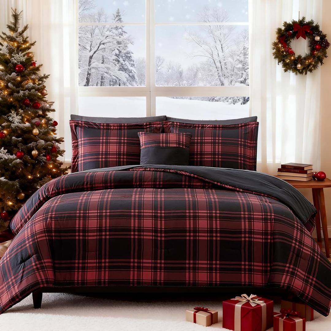 MaiRve King Comforter Set, Classic Red Black Plaid Bedding Set 7 Pieces, Farmhouse Lightweight All Season Bed in a Bag with Sheets, Pillowcases & Shams