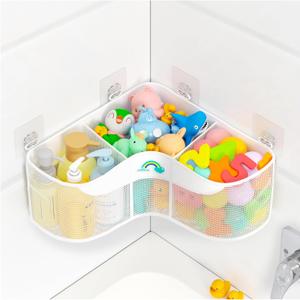 3-Compartment Corner Bath Toy Storage Organizer for Tub - Wide-Opening Mesh Kids Bath Toy Holder with Easy Sorting & Storage, Quick-Drying Machine-Washable Bathroom Organizer for Tidy Bathtub