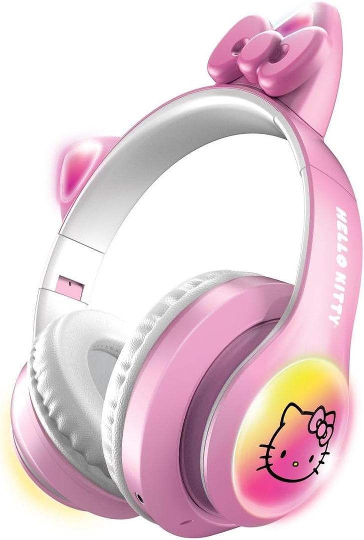 Hello Kitty Wireless Bluetooth Light-Up Headphones with Built-in Microphone, Foldable Design, Adjustable Headband, 8 Hours Playtime, LED Kitty Earcups, for Kids & Adults (Pink)