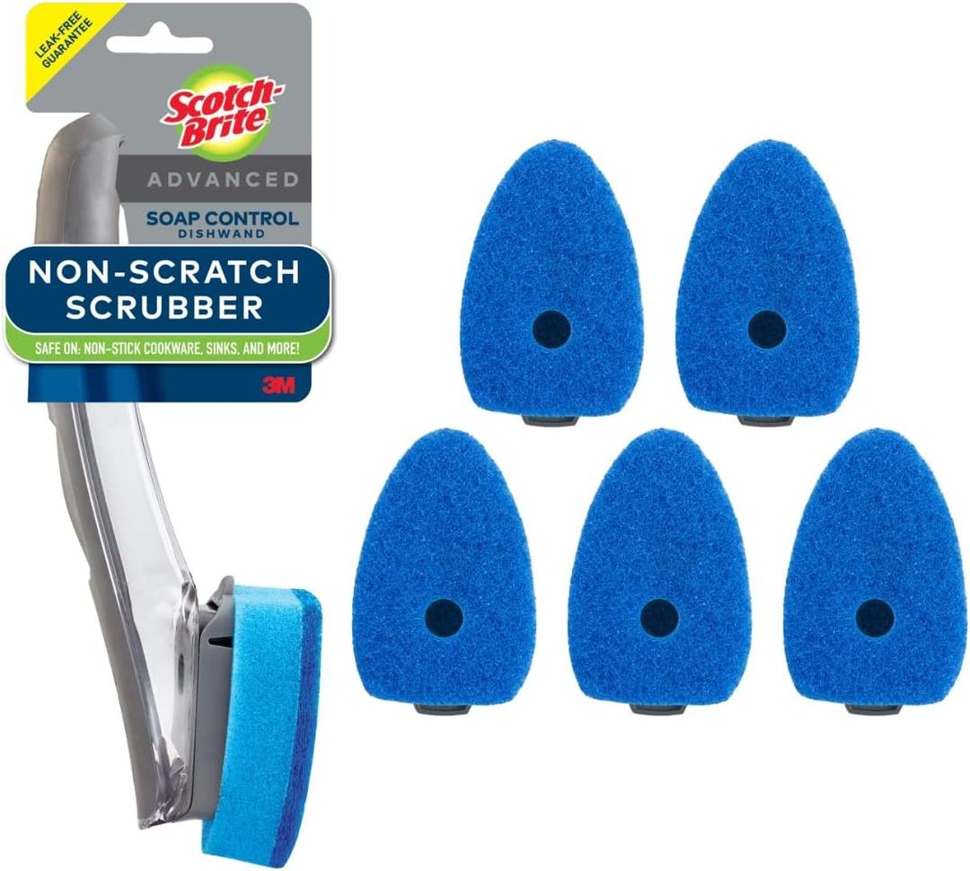Scotch-Brite Advanced Soap Control Non-Scratch Dishwand Kit, 1 Dish Wand & 5 Sponge Refills, Prevents Soap from Leaking, Best for Nonstick Pots and Pans, Glass, Tubs, & Showers