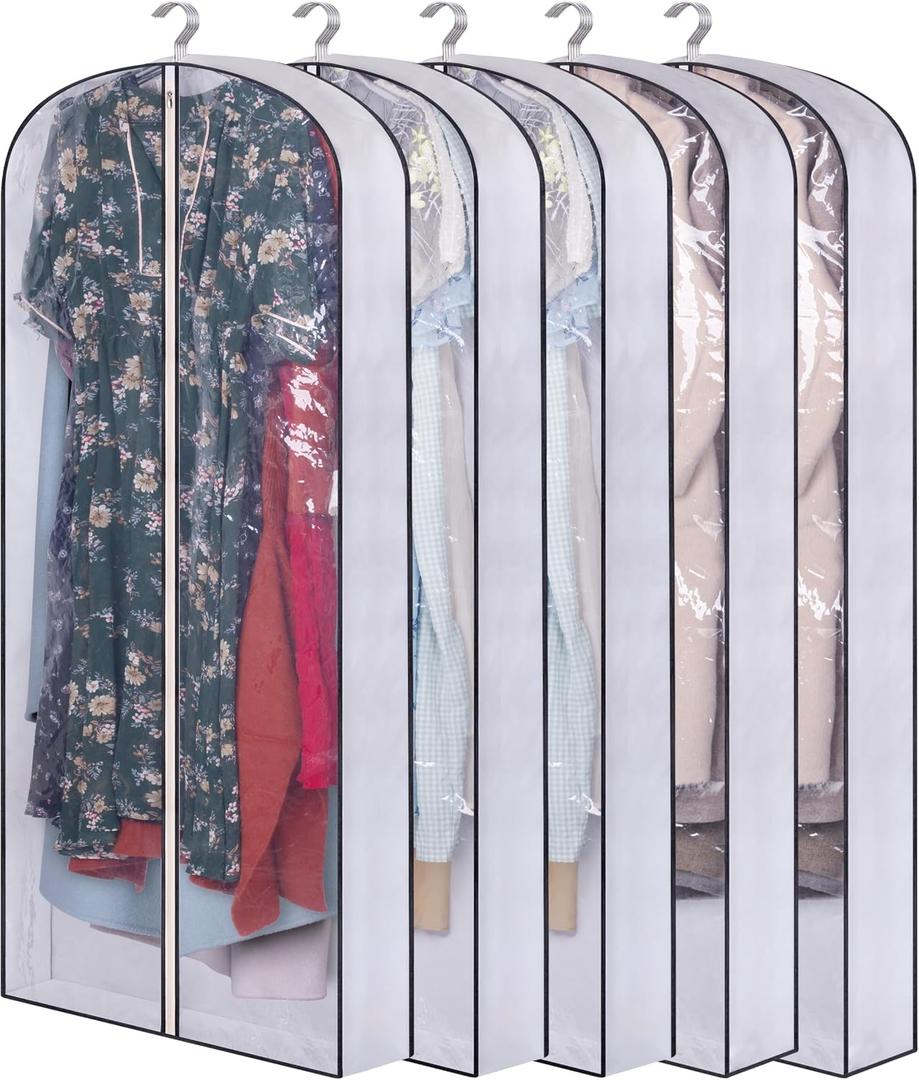 SLEEPING LAMB 60" Long Hanging Garment Bags for Closet Storage Gusseted Clear Dress Bag for Clothes, Gowns, Coats, Suits, 5 Packs
