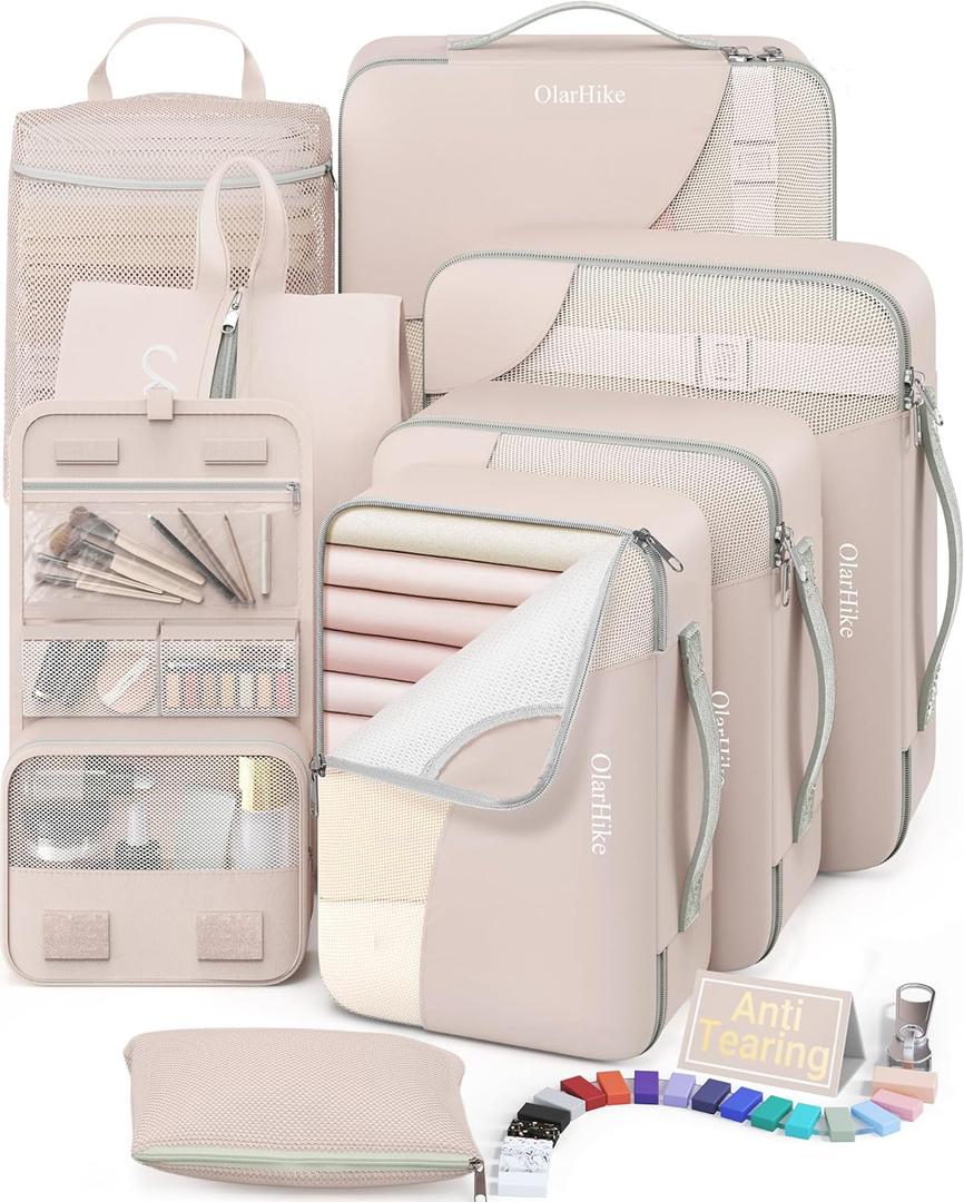 10 Set/8 Set Packing Cubes for Travel, Gifts for Women Mom,Anti-Tearing Suitcase Organizer for Luggage with Shoe & Hanging Toiletry Bag,OlarHike Vacation Essentials & Accessories for Cruise Ship,Cream