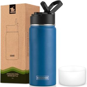 koodee Insulated Water Bottle, 18 oz Stainless Steel Vacuum Wide Mouth Sports Water Bottle with Leak Proof Straw Lid (Navy)
