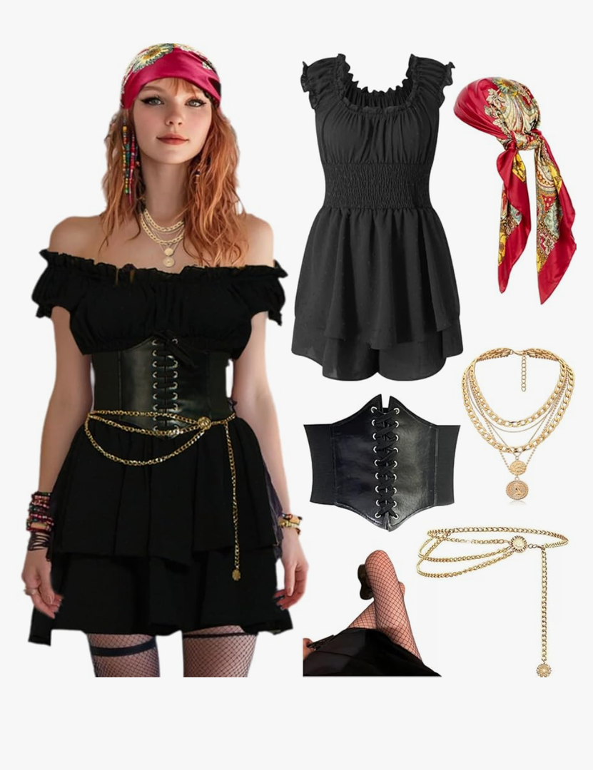 Pirate Costume Women Sexy Womens Pirate Romper Dress Outfit with Bandana Corset Accessories 6PCS Size M