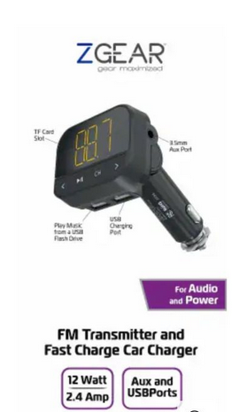 ZGear FM Transmitter and Fast Charging Car Charger 12 watt 2.4 amp Aux & USBport And Charge Cable
