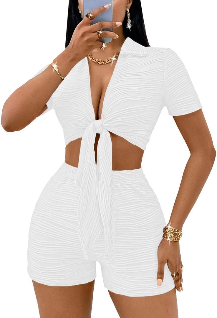 MSLG Women's Sexy 2 Piece Set Solid Summer Bodycon Suit Casual Tie Front Short Sleeve V Neck Crop Top Shorts Outfits Sets S42 (Large, White)