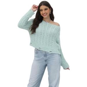 ORQUWEH 2025 Fall Cropped Sweater for Women Off The Shoulder Pullover Fluffy Knit Fashion Crop Top Holes Design M
