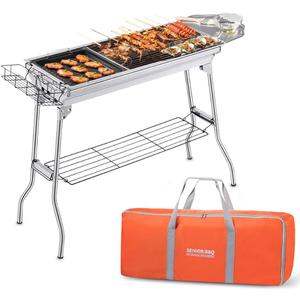 Portable Charcoal Grill,Outdoor BBQ Grill for Christmas Picnic, Thanksgiving Family Gathering and Backyard Barbecue,With Storage Bag & Non-Stick Frying Pan (Bright Silver)