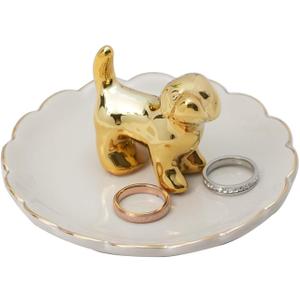 Ceramic Dog Ring Holder with White Dish,Ring Dish Trinket Tray for Rings,Earrings,Jewelry Organizer,Gifts for Women (Dog-B)