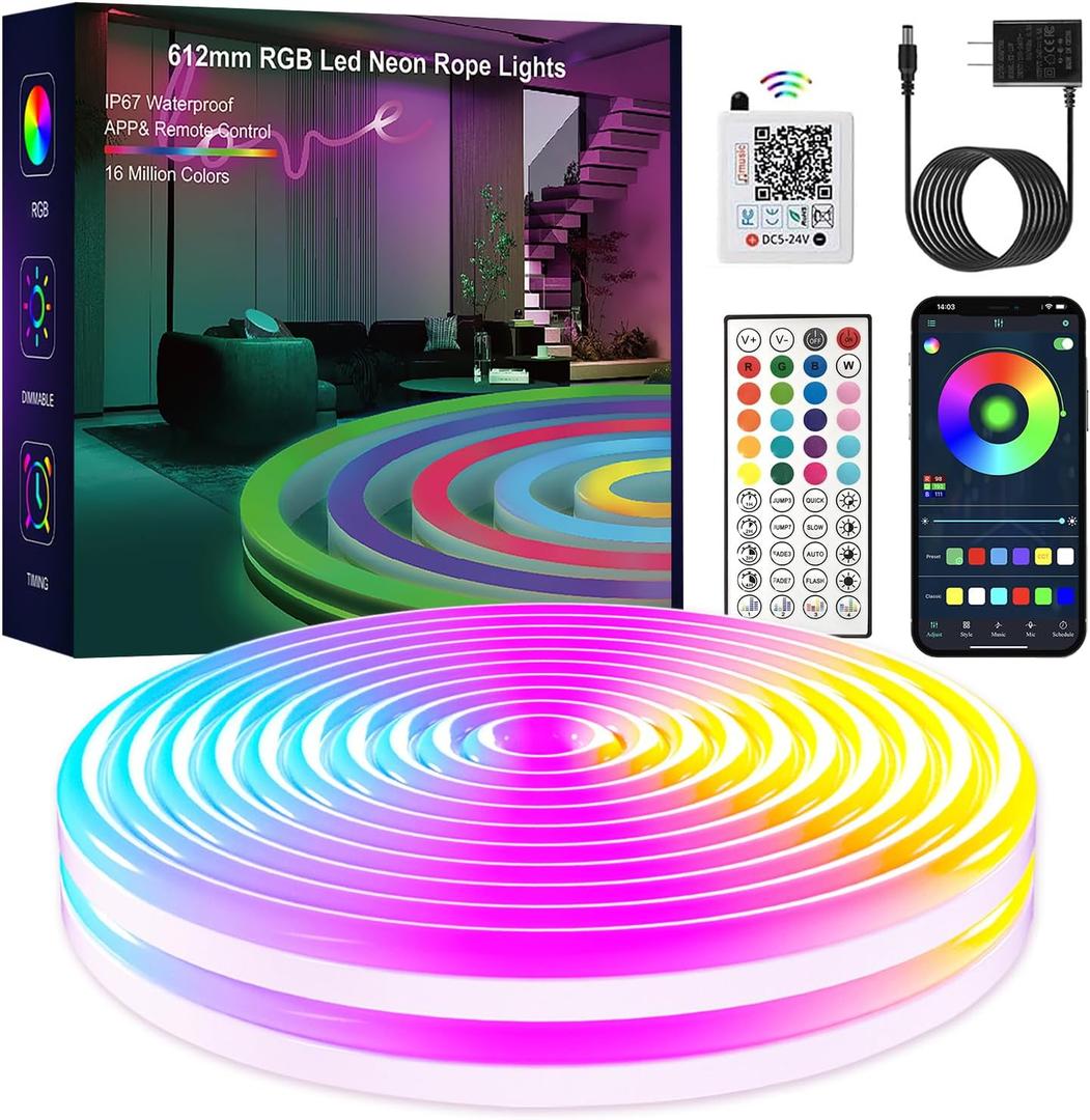 Neon RGB Rope Lights,IP67 Waterproof, Flexible Led Rope Lights, Control with App/Remote, Music Sync, for Gaming Room Living Bedroom Wall Decor (20FT)