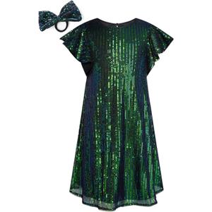GRACE KARIN Girls Sequin Dress Short Flutter Sleeve Flare Silhouette Midi Dress with Hairbow 5-12Y (5-6 Years, Green on Black)
