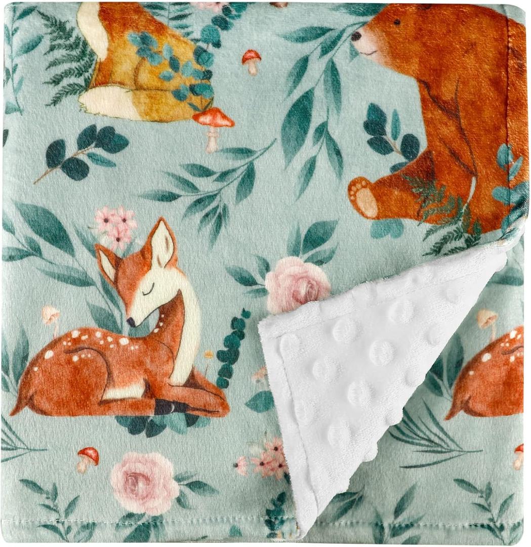 TANOFAR Minky Baby Blankets, Soft Toddler Blanket for Boys Girls, Dotted Backing, Double Layer Crib Receiving Blanket, for Nursery/Stroller/Toddler Bed/Carseat, 30 x 40 Inch, Woodland Animals