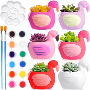 Pasimy 6 Set Ceramics to Paint DIY Ceramic Succulent Planter Pots Paint Your Own Flower Pots Craft Kit Unpainted Bisque Flowerpot with Brush Palette Christmas Gifts for Family Activity (Flamingo)