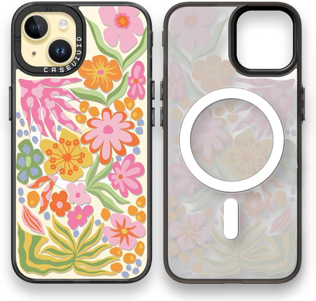 Magnetic for iPhone 15 Magsafe Case Cute Aesthetic - Durable Fashion Funny Phone Case - Girly Passion Flower Pattern Print Cover Design for Woman Girl 6.1 inches Black