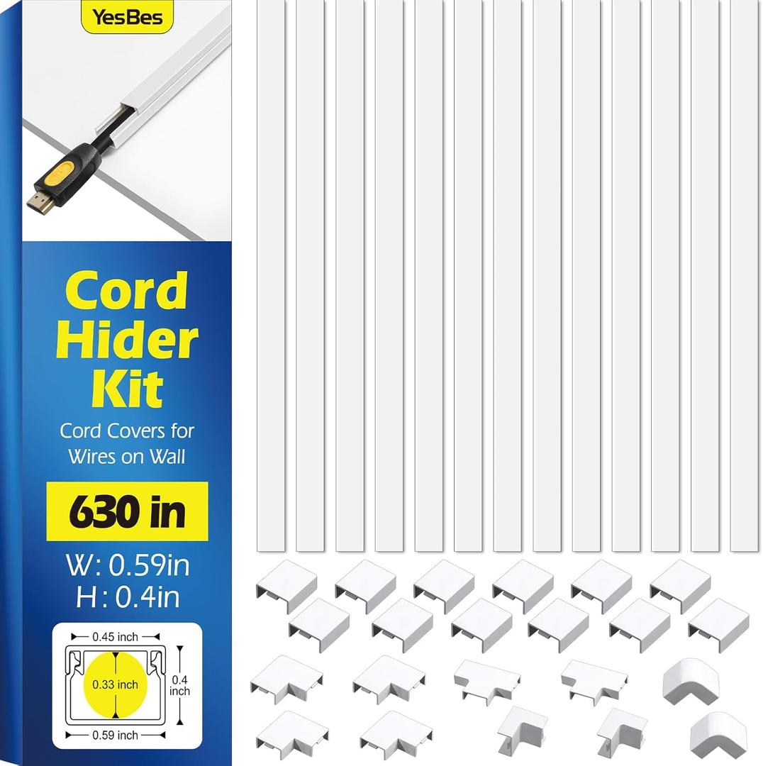 630in Cord Hider Kit, Cord Covers for Wires on Wall, Cord Hider for Wall Mount tv, tv Cable Hider Wall kit, Paintable Cable Raceway, Wire Covers for Cords, 40X L15.7in X W0.59in X H0.4in, White