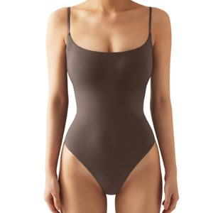 SUUKSESS Women Sexy Square Neck Thong Bodysuit Backless Sleeveless Cami Body Suit Top (Brown, S)