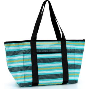 Beach Tote Bag for Women, Lightweight Foldable Waterproof Mesh Pool Bag (Tropical Striped)