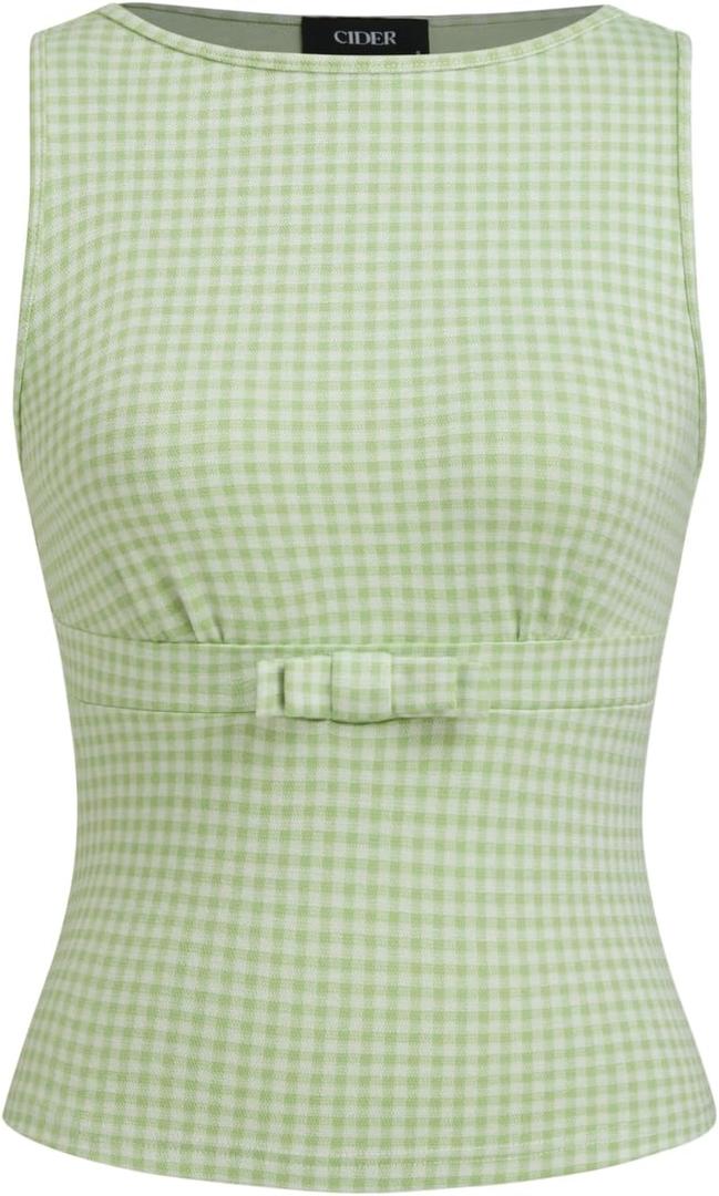 CIDER Gingham Tops for Women Plaid Going Out Tops Sleeveless Cute Tank Bow Summer Shirt (Green, M)