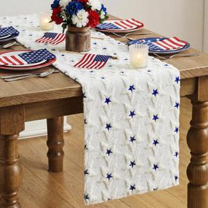 Mindsoft 4th of July Faux Fur Table Runner 13x72 Inch Patriotic Blue Stars Memorial Day Table Runner Independence Day American Star Jacquard 250th Anniversary for Party Dinning Kitchen Decorations