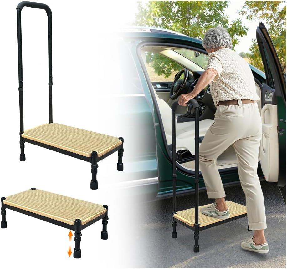 Medical Step Stool with Handle for Seniors, Bed Steps for High Beds Adults, Handicap Step Platform Bed Stool for Elderly, SUV Car Stepping Stool Heavy Duty Adjustable Safety Step with Anti-Slip Mat