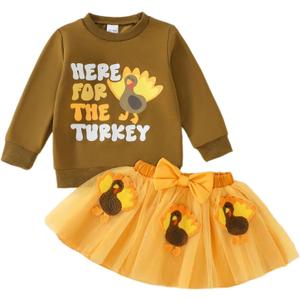 Toddler Girl Thanksgiving Outfit Little Turkey Sweatshirt+Bow Skirt Set Fall Clothes (18-24 Months, Dark Brown)