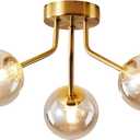 Modern Sputnik Chandeliers 3 Light Gold Semi Flush Mount Ceiling Light Fixture Pendant Lamps Bulbs with Glass Globe Lighting for Bedroom Kitchen Dining Room Office