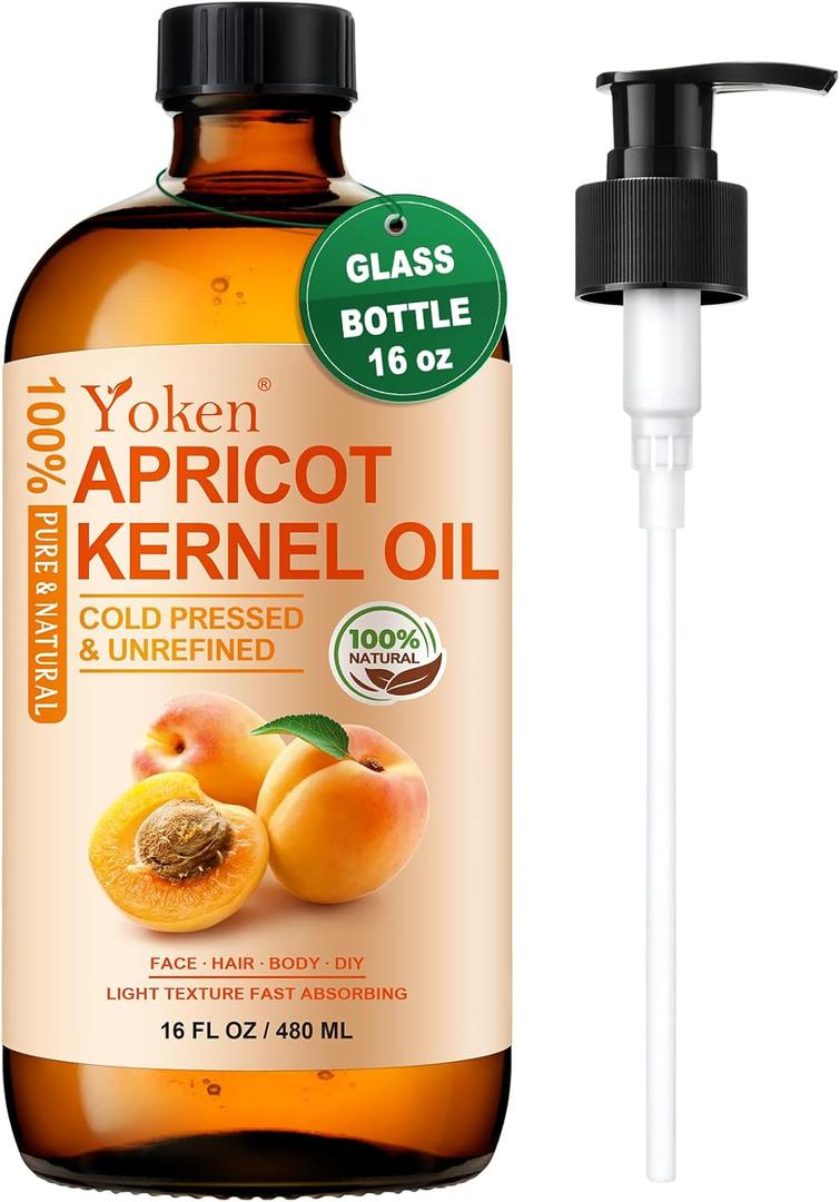 Yoken Cold Pressed Apricot Kernel Oil 16 fl oz Glass Bottle - Single Ingredient 100% Pure and Natural Apricot Oil, Lightweight Carrier & Massage Oil for Skin & Hair, Unscented & Hexane Free