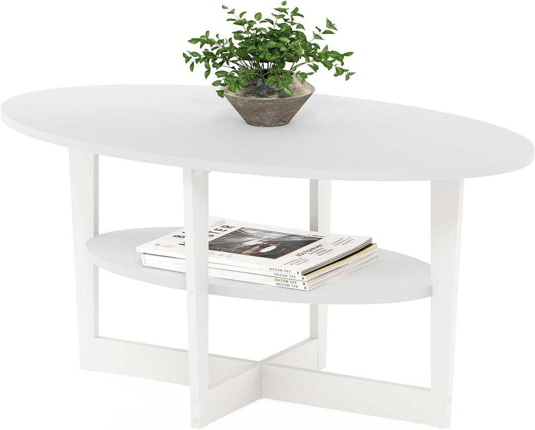 Furinno Jaya Oval Coffee Table, 35.43 (W) x 16.49 (H) x 19.69 (D) inches, White, 19.7"D x 35.4"W x 16.4"H