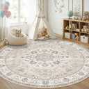 7x7 Living Room Area Rug: Washable Oriental Printed Soft Round Rug for Bedroom Besides Non-Slip Low-Pile Carpet for High-Traffic Area Indoor Stain Resistant Distressed Home Decor Mat(7,Beige)