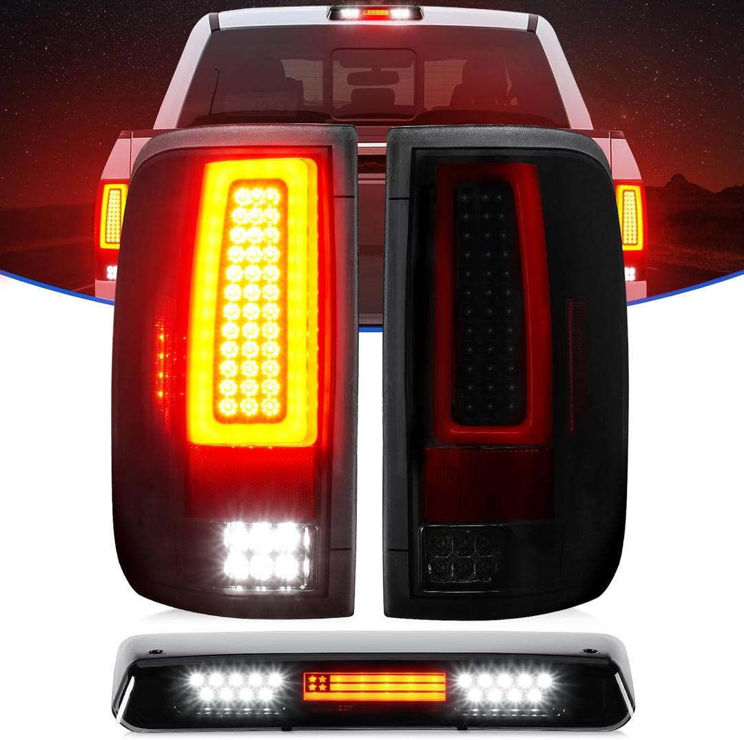 LED Tail Lights + 3rd Brake Light Compatible with Ford F150 2004-2008 Fleetside/Styleside Bed Model (Fit Factory Halogen Type) Rear Brake Lamp Taillights Assembly, Black Housing Smoke Lens