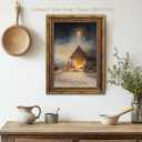 Vintage Nativity Scene Gold Framed Wall Art Birth of Jesus Christmas Christian Painting Canvas Prints Mary Joseph Holy Family Picture Star of Bethlehem Poster Artwork for Church Prayer Room, 16x24in