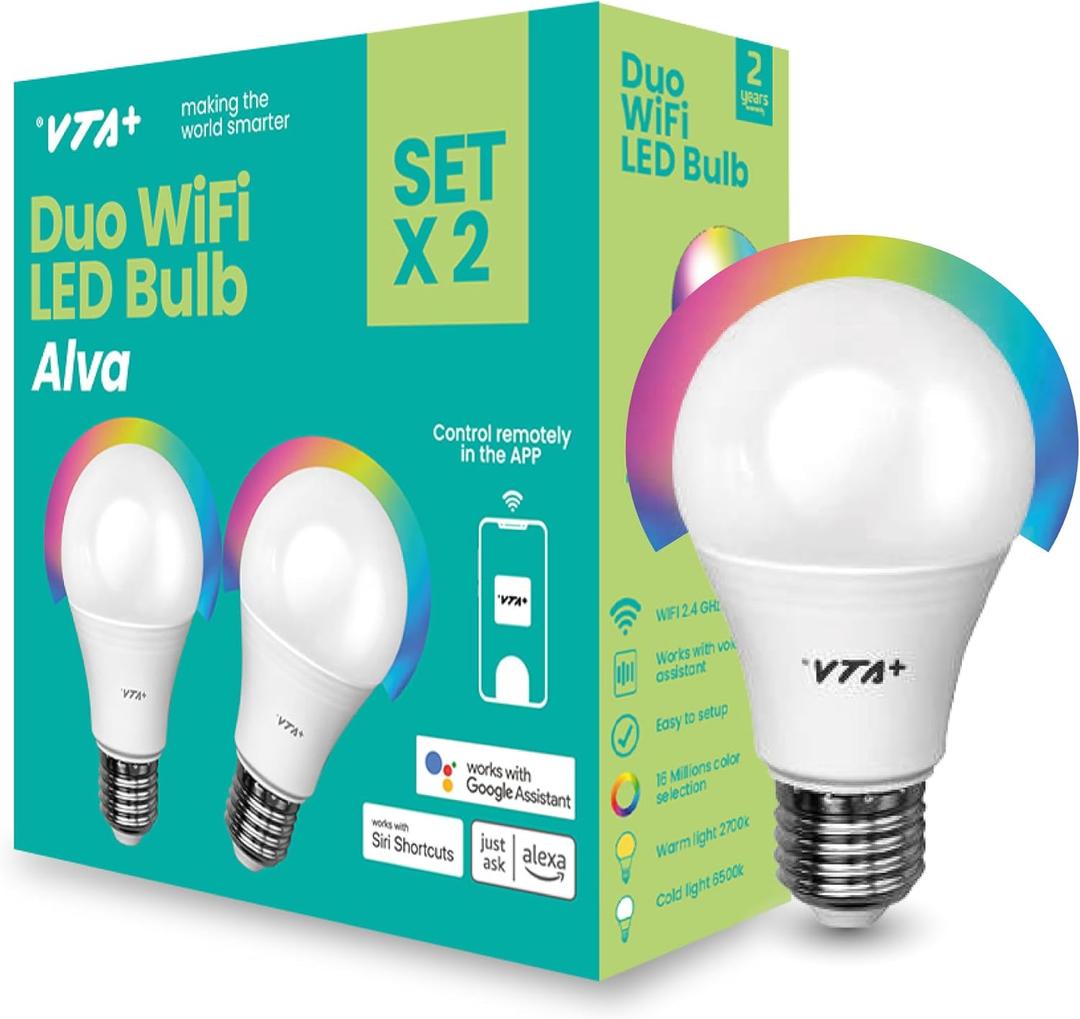 VTA+ Smart Light LED Bulb Kit x2 E27 RGB - WiFi 2.4Ghz only, Alexa and Google Home Compatible, Adjustable Colors & Temperature, Easy Installation and Setup, 9W, 800 Lumens