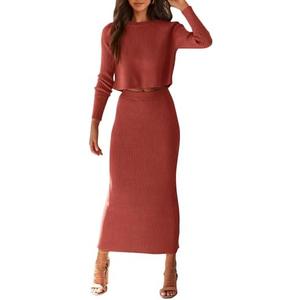 PRETTYGARDEN Women's Spring Fall 2 Piece Sweater Set Rib Knit Long Sleeve Crop Top Maxi Bodycon Skirt Casual Winter Outfits Small