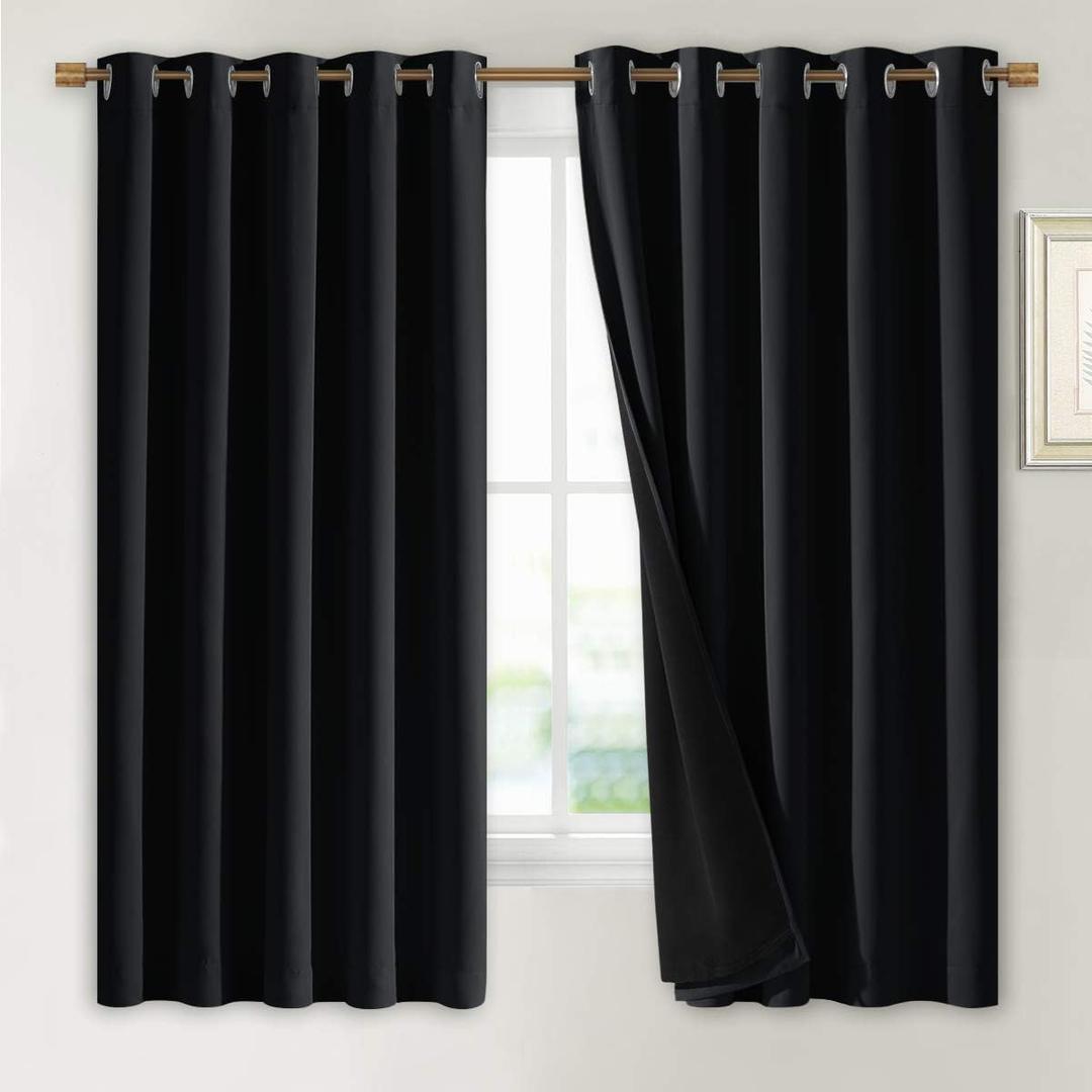 NICETOWN Complete 100% Blackout Curtains, Thermal Insulated & Energy Efficiency Window Draperies with Black Liner, Noise Reducing Short Curtains for Kids Room (Black, 70-inch W by 63-inch L, 2 Panels) (70"W x 63"L (Pack of 2))