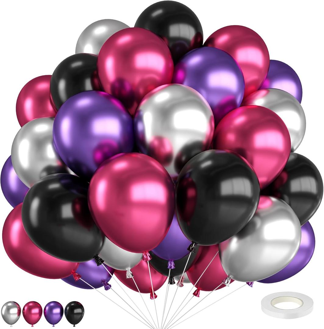 Pink and Purple Balloons,12 Inch Metallic Pink Purple Black and Silver Balloons with Ribbon, for Wedding Birthday Baby Shower Graduation Engagement Halloween Party Decorations
