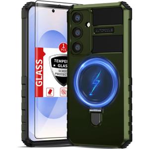 for Samsung Galaxy S25 Plus Case Magnetic Compatible with Wireless Charging,Phone Case with Screen Protector,Built-in Kickstand Ring Military Grade Drop Shockproof Heavy Duty Protection Green