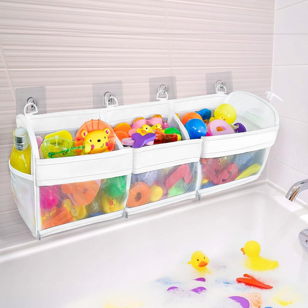 Bath Toy Storage and Organizer  3-Compartment Hanging Bathtub Toy Holder with Bottom Zipper, Quick-Drying Mesh Bag, Ideal Bath Toy Holder for Easy Access and Sorting of Toys (Large)