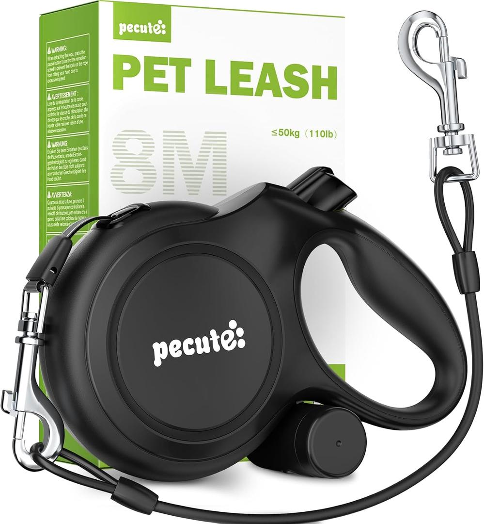 26ft Dog Leash Retractable with Chew Proof Extender, Upgraded Heavy Duty Retractable Dog Leash with Poop Bag Holder,Anti-Slip Grip, Reflective Leashes for Medium Large Pets 33lbs-110lbs (Black)