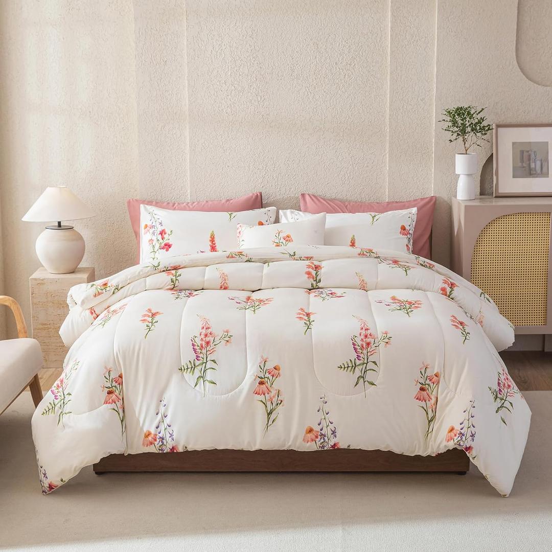 Merryword 8 Pcs Bed in a Bag Queen Botanical Floral Comforter Set Pink Flowers Comforter Pastoral Style Bedding with 1 Comforter, 4 Pillowcases, 1 Flat Sheet, 1 Fitted Sheet, 1 Cushion Cover (White Pink)
