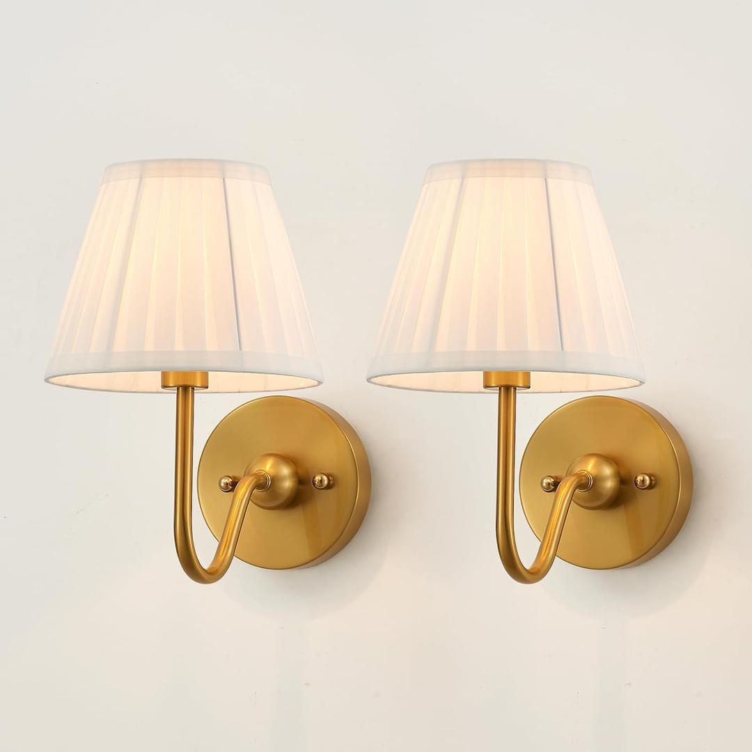 Set of Two Modern Wall Sconces Brass Frabic Wall Lights Contemporary Classic Wall Lamp for Bedside Hallway Vanity Stairway Fireplace Living Room, UL Listed, Off-White