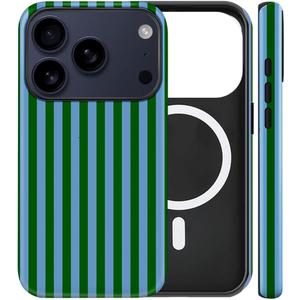 Magnetic for iPhone 17 Pro Case Cute Stripes Phone Case, Shockproof Slim TPU and Hard PC Protective Phone Cover Compatible with MagSafe Designed for Women Girls, Green and Blue