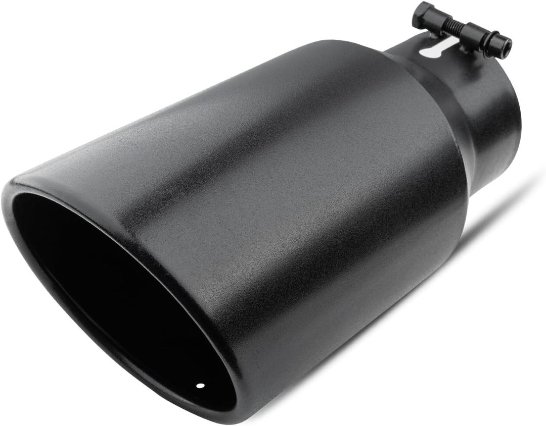 Vurkcy 4 inch Inlet Exhaust Tip, 6" Outlet 12" Overall Length Stainless Steel Exhaust Tail Pipe, Bolt-On, Rolled Edge, Slant Sleek Angle Cut, Polished Tailpipe, Black