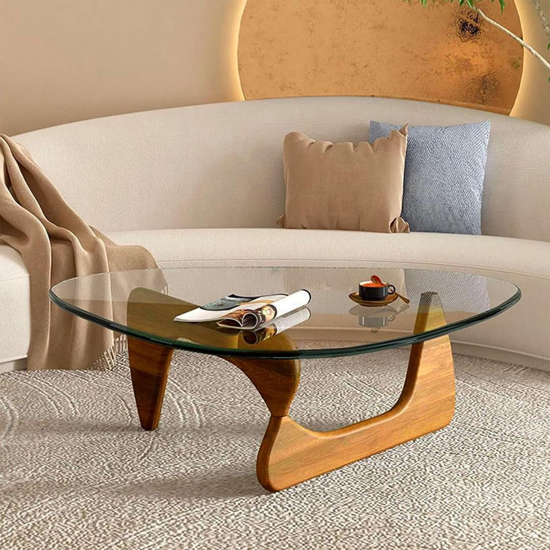 Triangle Glass Coffee Table-Mid-Century Modern End Table Solid Wood Base and Vintage Tempered Transparent Glass Top Coffee Tables Living Room Balcony (32.3 * 24 * 16in, Walnut Transparent)