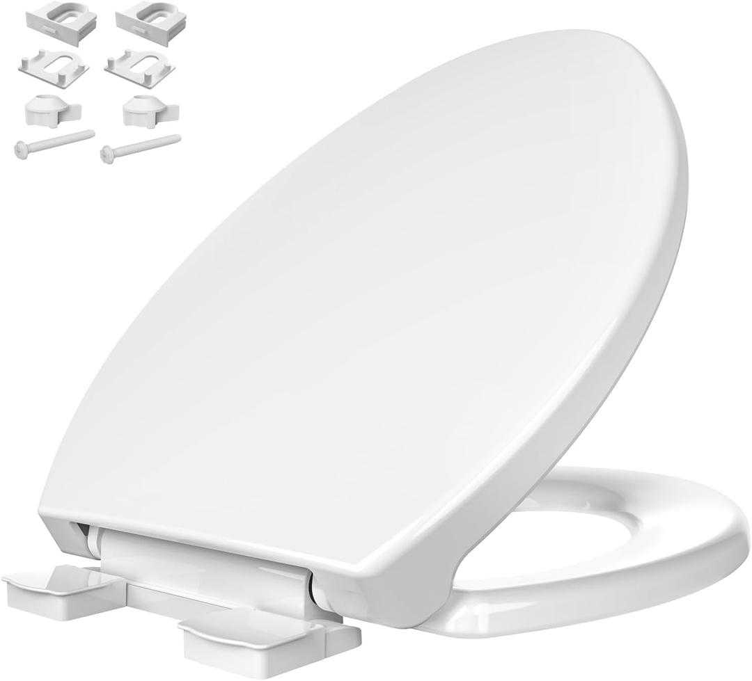 Plastic Toilet seat, Slow Close, Never Loosen, Elongated, White, 19"