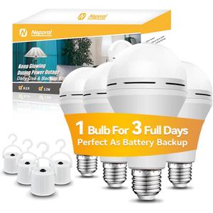 Neporal Emergency-Rechargeable-Light-Bulb, Stay Lights Up When Power Failure,15W 80W Equivalent LED Light Bulbs for Home, Camping, Tent (Daylight, 4 Pack 2600mAh)